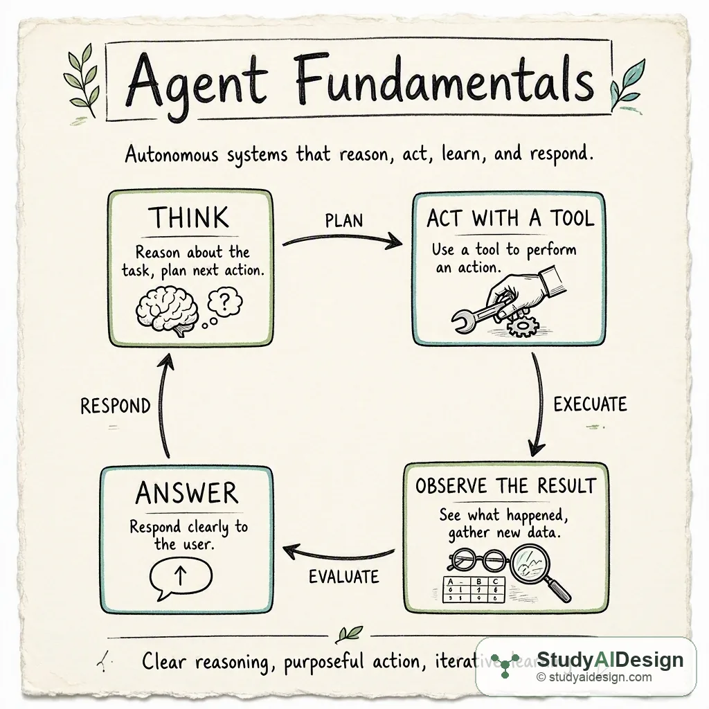A hand-drawn diagram showing a loop with labeled boxes: think, act with a tool, observe the result, then answer.