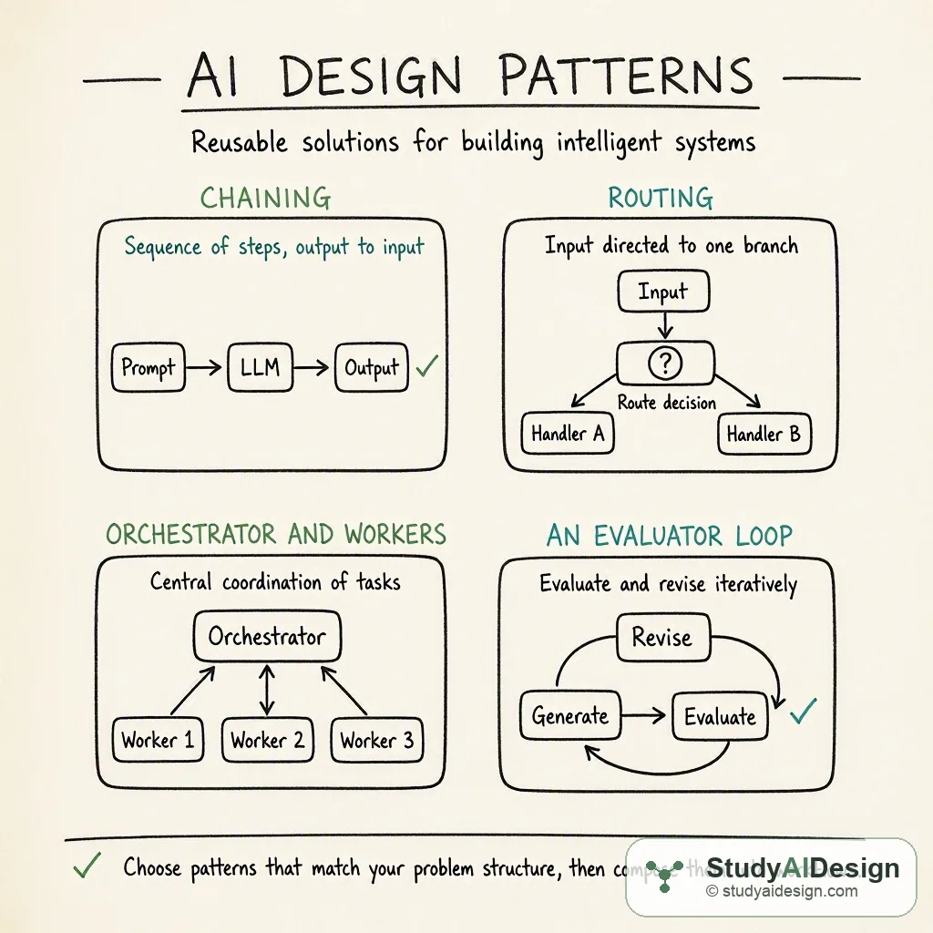 A hand-drawn diagram showing four labeled small pattern sketches: chaining, routing, orchestrator and workers, and an evaluator loop.