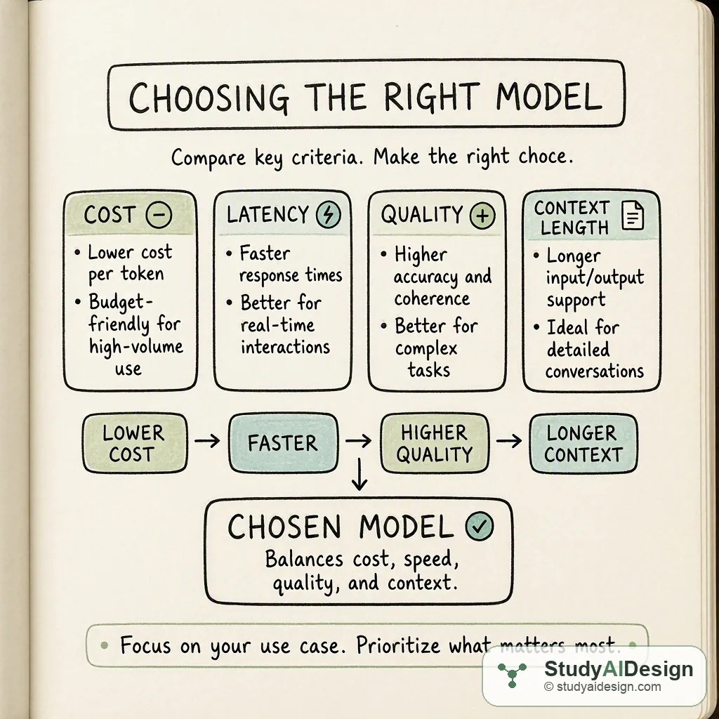 A hand-drawn diagram comparing four labeled boxes on cost, latency, quality and context length, with a decision arrow to a chosen model.