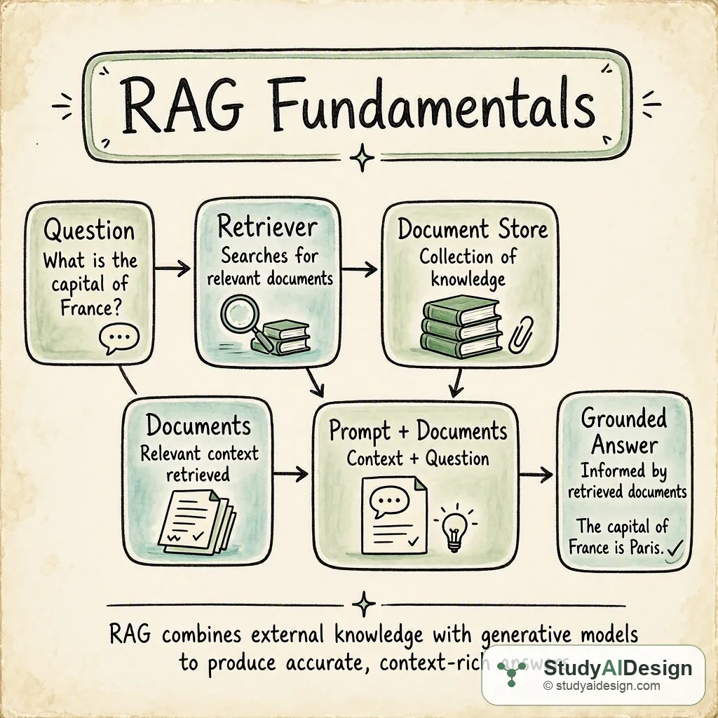 A hand-drawn diagram showing a question, a retriever pulling documents from a store, the documents joining the prompt, and a grounded answer.
