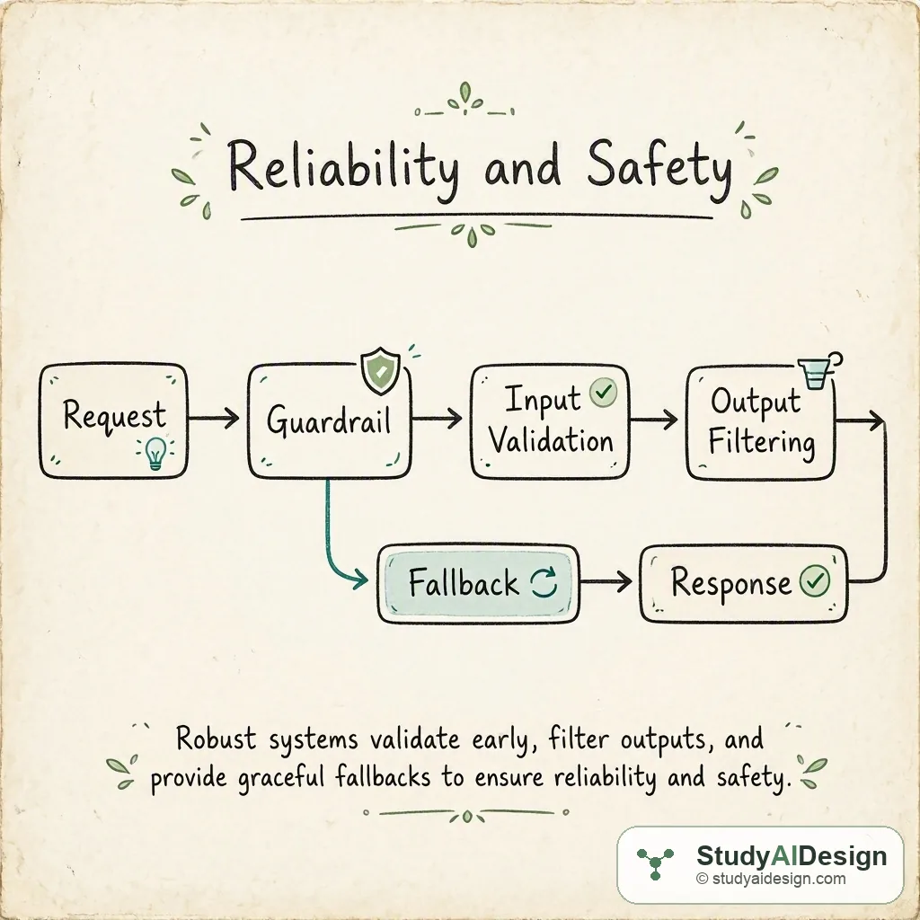 A hand-drawn diagram showing a request passing through labeled guardrail boxes, input validation, output filtering, and a fallback path.