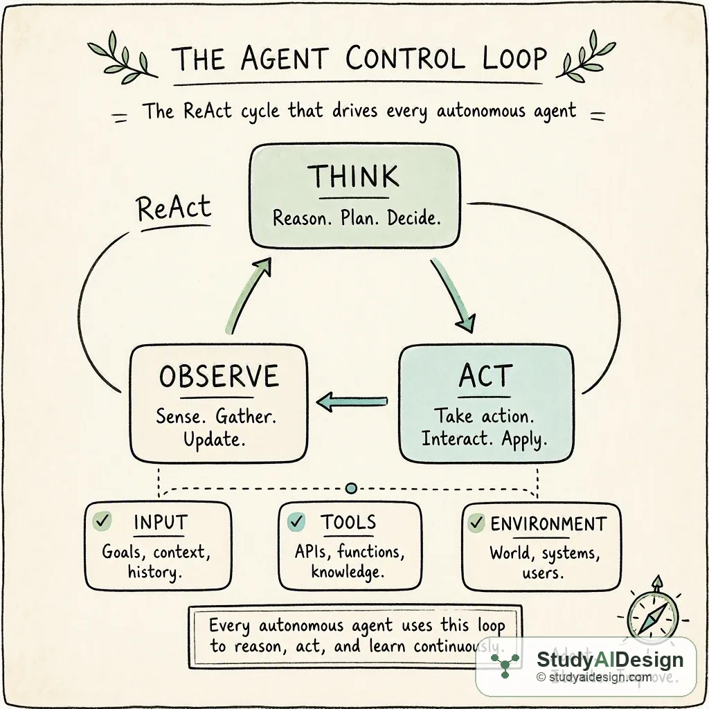 THINK → ACT → OBSERVE, the ReAct cycle that drives every autonomous agent