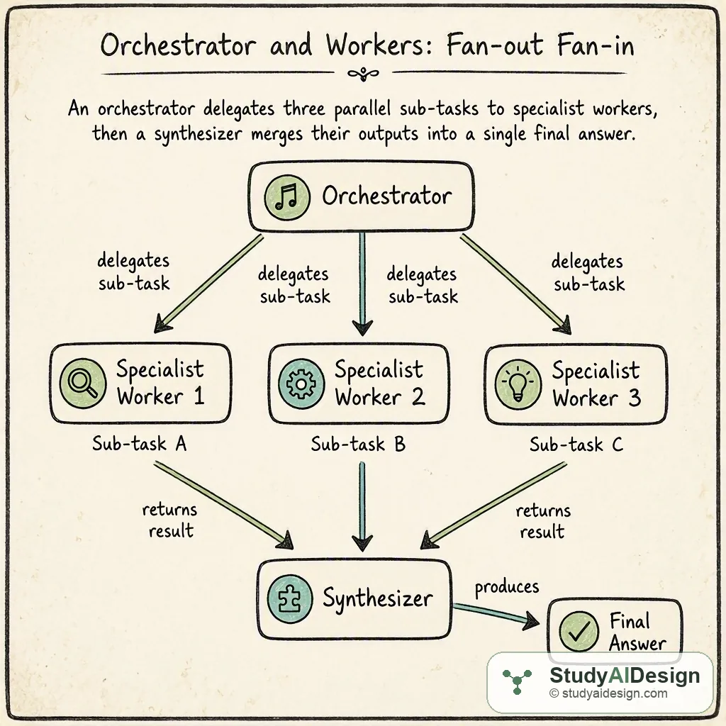 An orchestrator delegates three parallel sub-tasks to specialist workers, then a synthesizer merges their outputs into a single final answer.