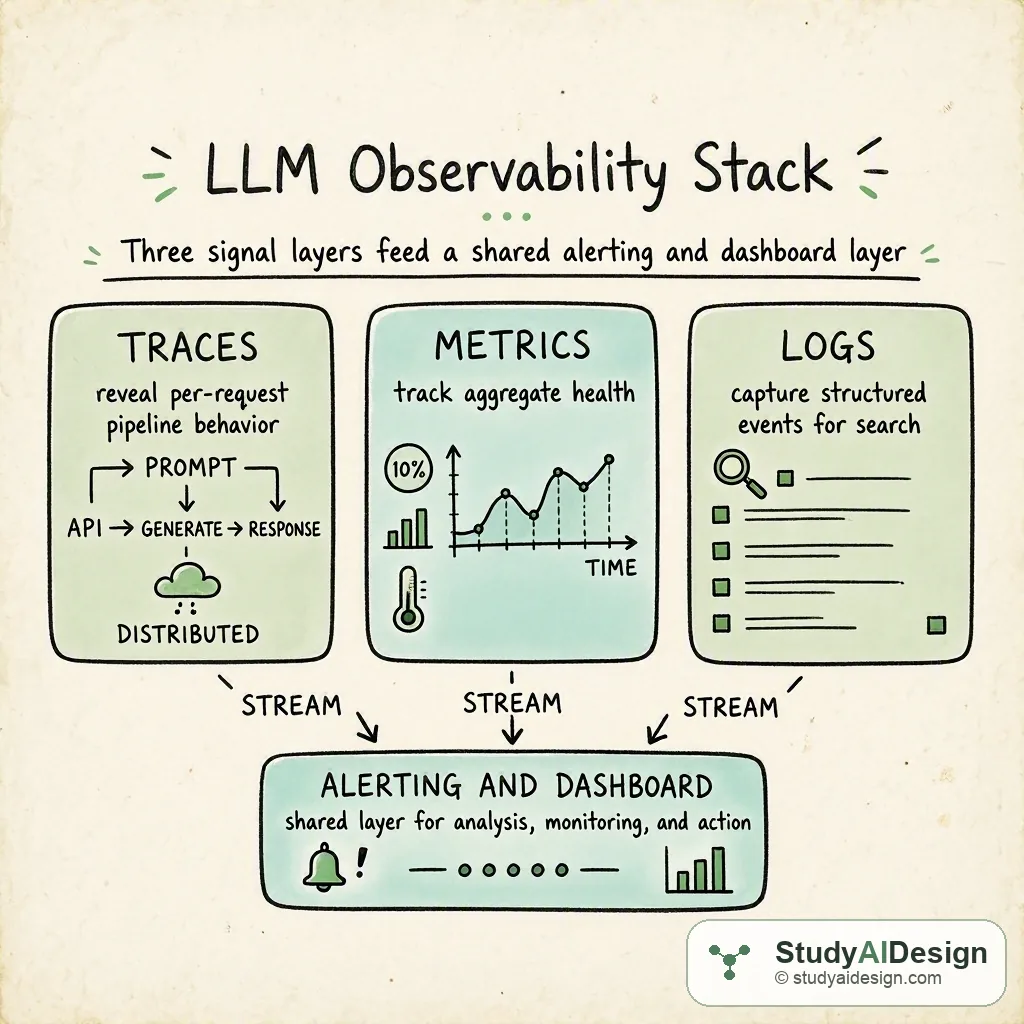Three signal layers feed a shared alerting and dashboard layer: traces reveal per-request pipeline behavior, metrics track aggregate health, and logs capture structured events for search.