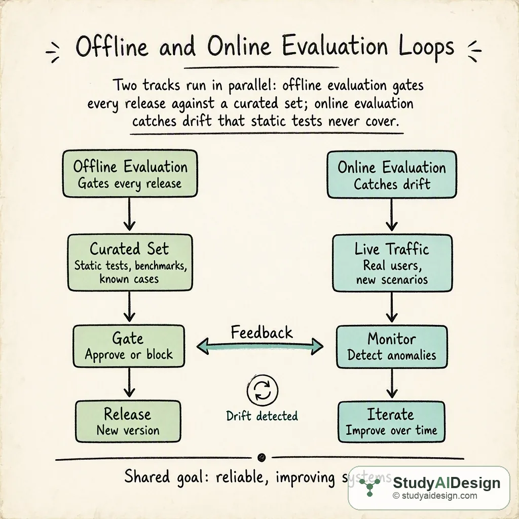 Two tracks run in parallel: offline evaluation gates every release against a curated set; online evaluation catches drift that static tests never cover.