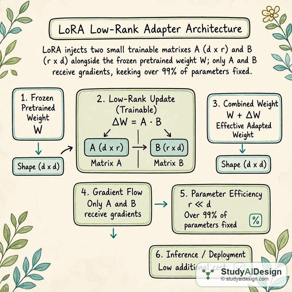 LoRA injects two small trainable matrices A (d x r) and B (r x d) alongside the frozen pretrained weight W; only A and B receive gradients, keeping over 99% of parameters fixed.