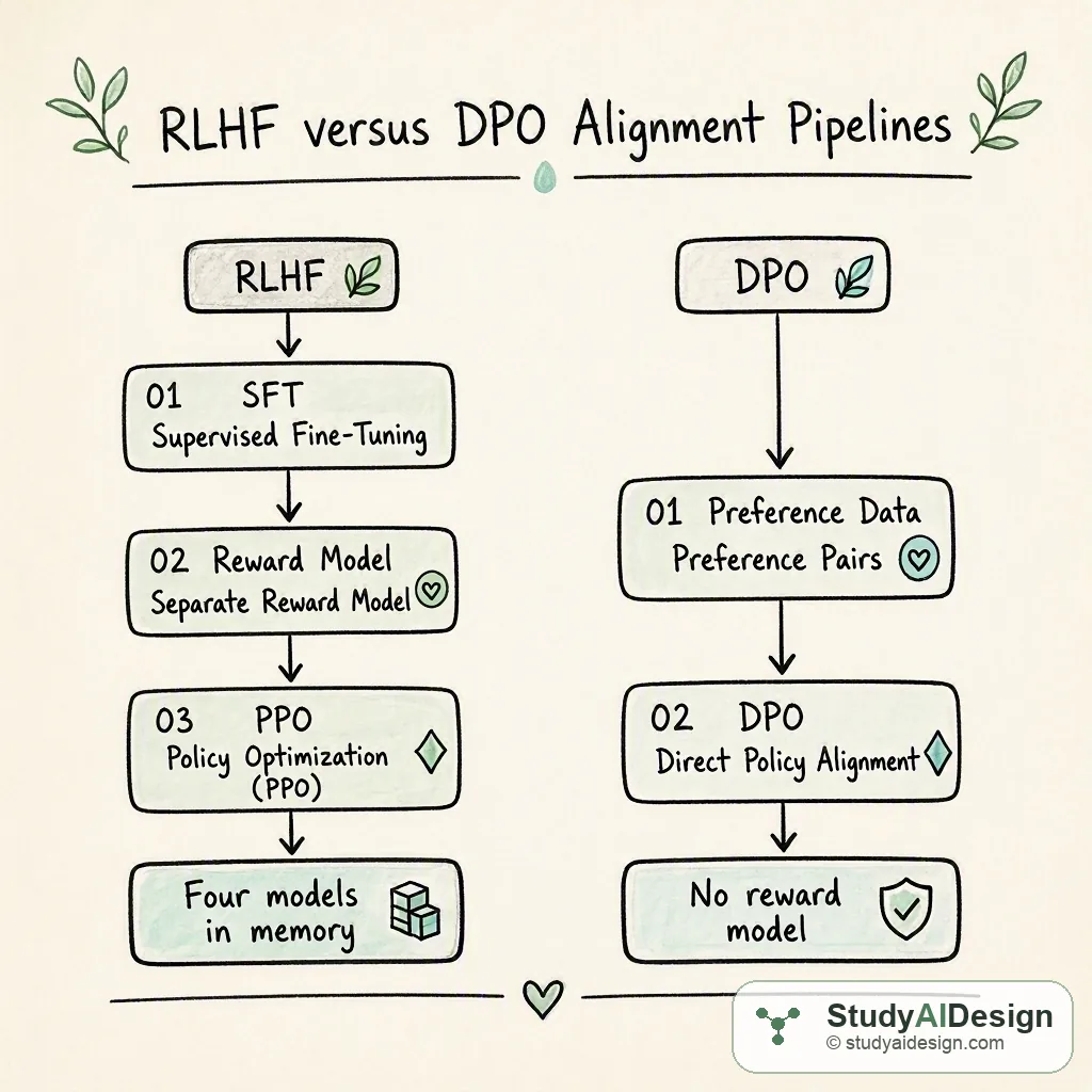 RLHF requires three sequential stages including a separate reward model and PPO with four models in memory; DPO skips the reward model entirely and aligns the policy directly from preference pairs.