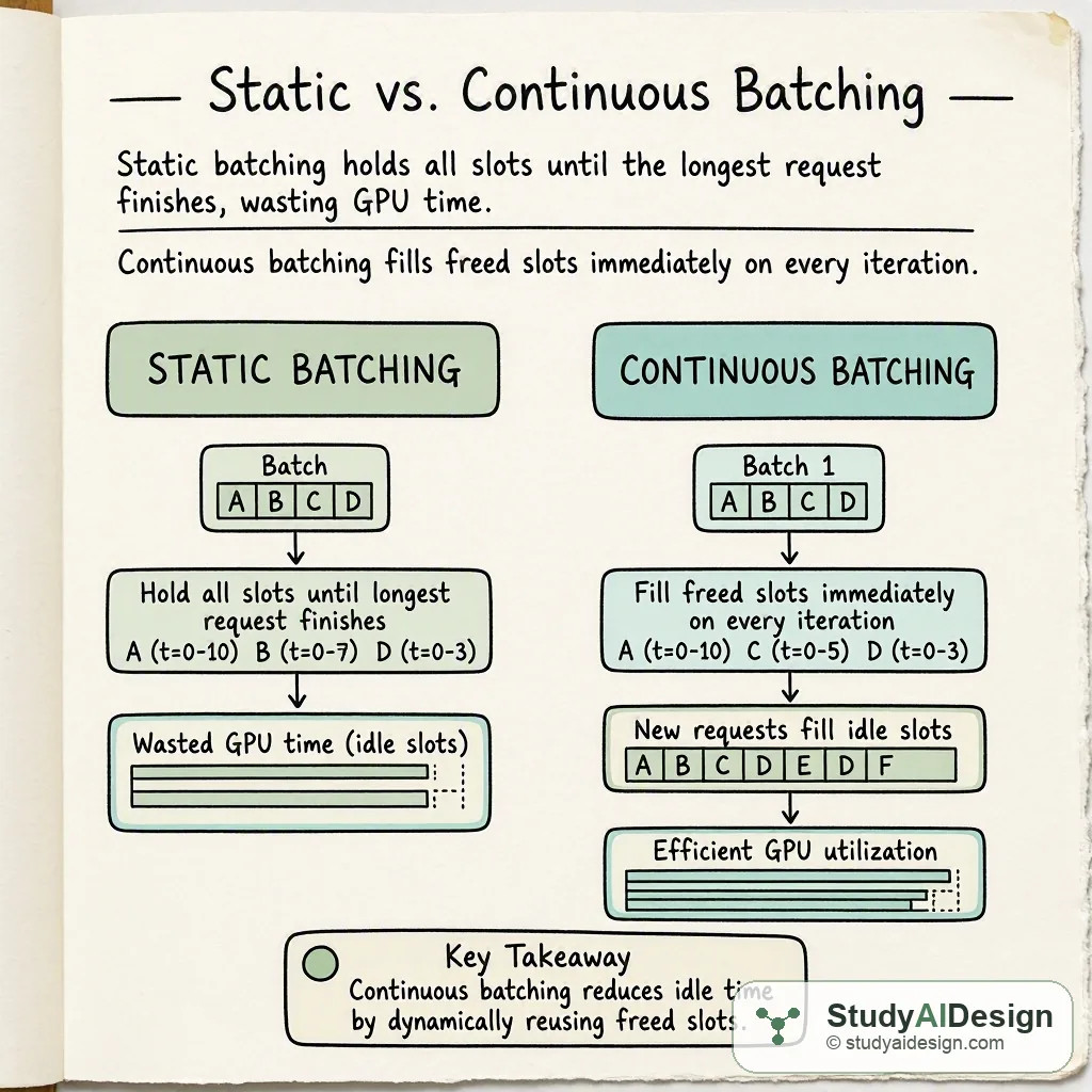 Static batching holds all slots until the longest request finishes, wasting GPU time. Continuous batching fills freed slots immediately on every iteration.