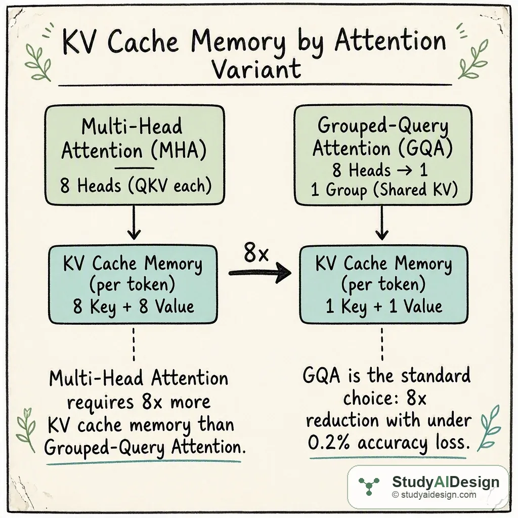 Multi-Head Attention requires 8x more KV cache memory than Grouped-Query Attention. GQA is the standard choice: 8x reduction with under 0.2% accuracy loss.