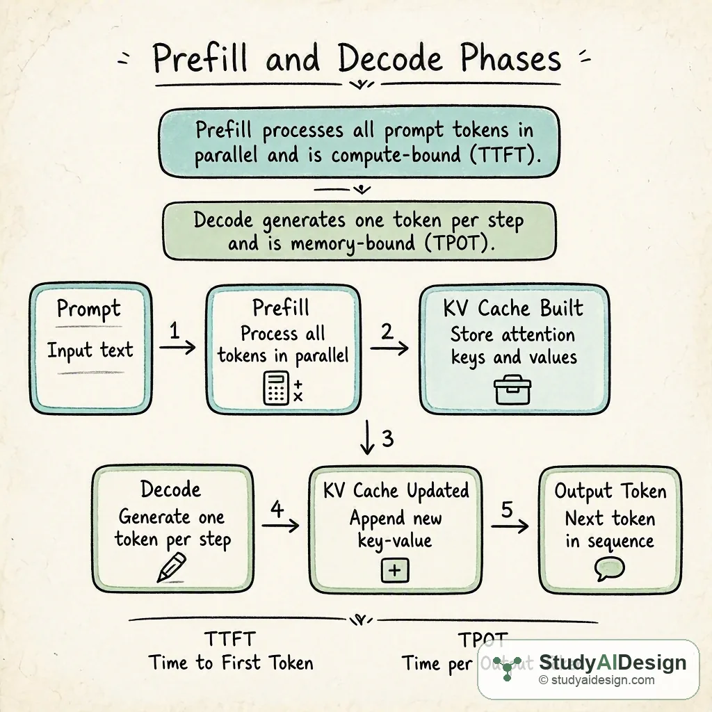 Prefill processes all prompt tokens in parallel and is compute-bound (TTFT). Decode generates one token per step and is memory-bound (TPOT).