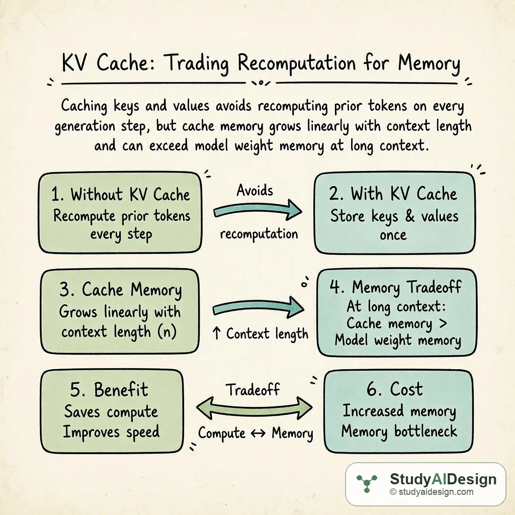 Caching keys and values avoids recomputing prior tokens on every generation step, but cache memory grows linearly with context length and can exceed model weight memory at long context.