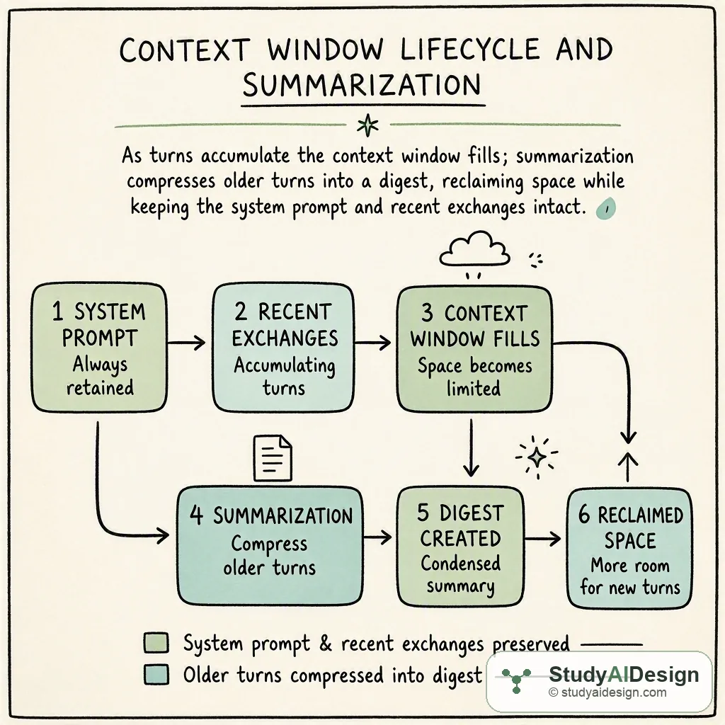 As turns accumulate the context window fills; summarization compresses older turns into a digest, reclaiming space while keeping the system prompt and recent exchanges intact.