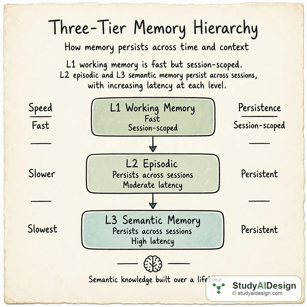 L1 working memory is fast but session-scoped; L2 episodic and L3 semantic memory persist across sessions at increasing latency.