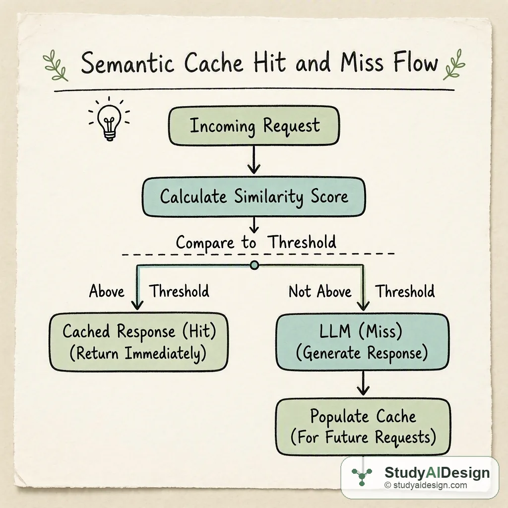 A similarity score above threshold returns the cached response immediately; a miss falls through to the LLM, then populates the cache for future requests.