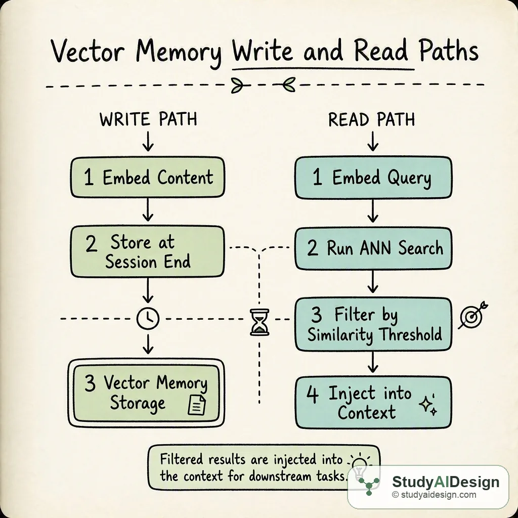The write path embeds and stores content at session end; the read path embeds the query, runs ANN search, and filters by similarity threshold before injecting into context.