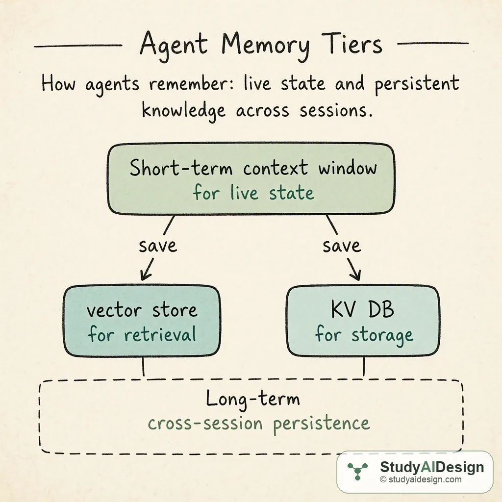 Short-term context window for live state; long-term vector store and KV DB for cross-session persistence