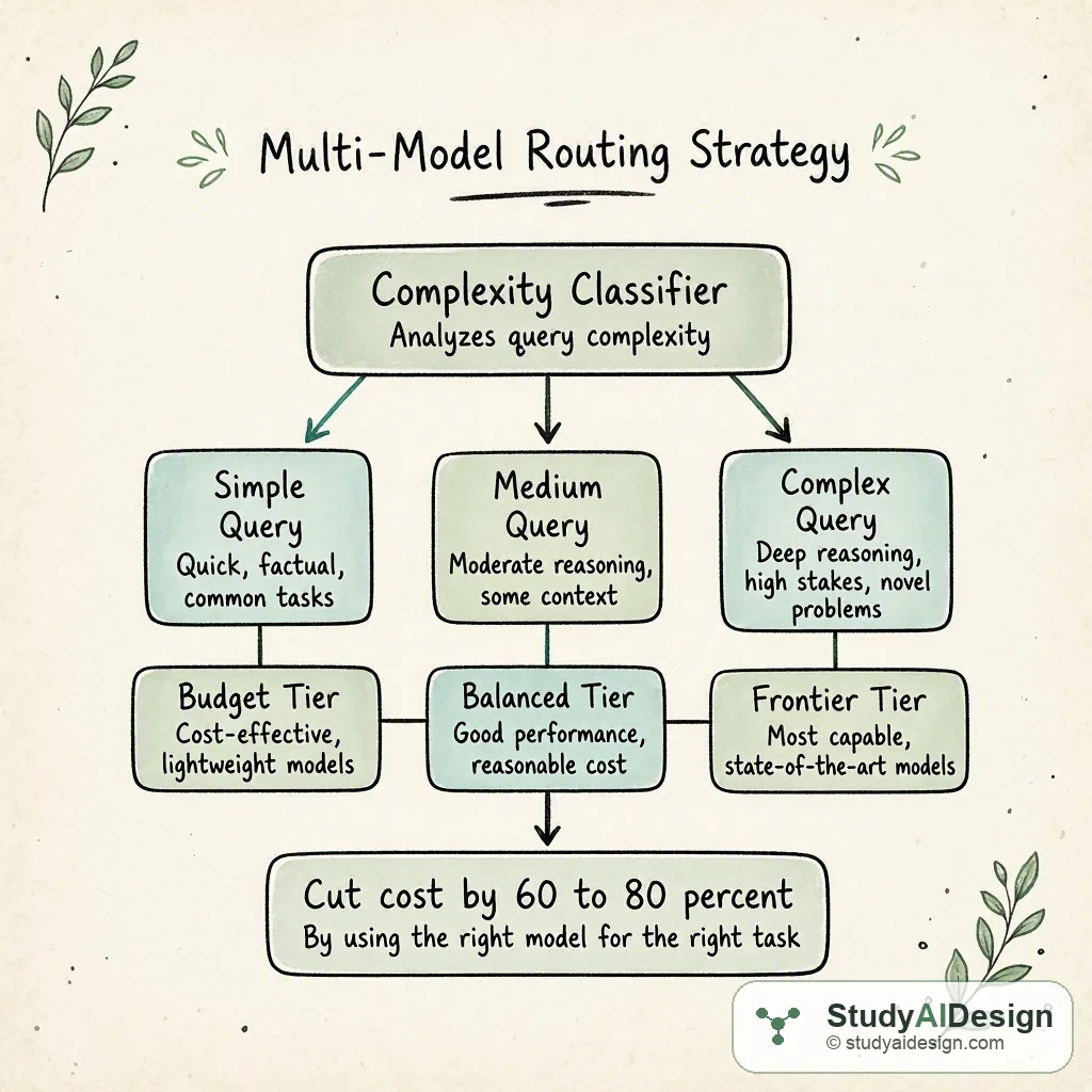 A complexity classifier routes simple, medium, and complex queries to budget, balanced, and frontier tiers to cut cost by 60 to 80 percent.