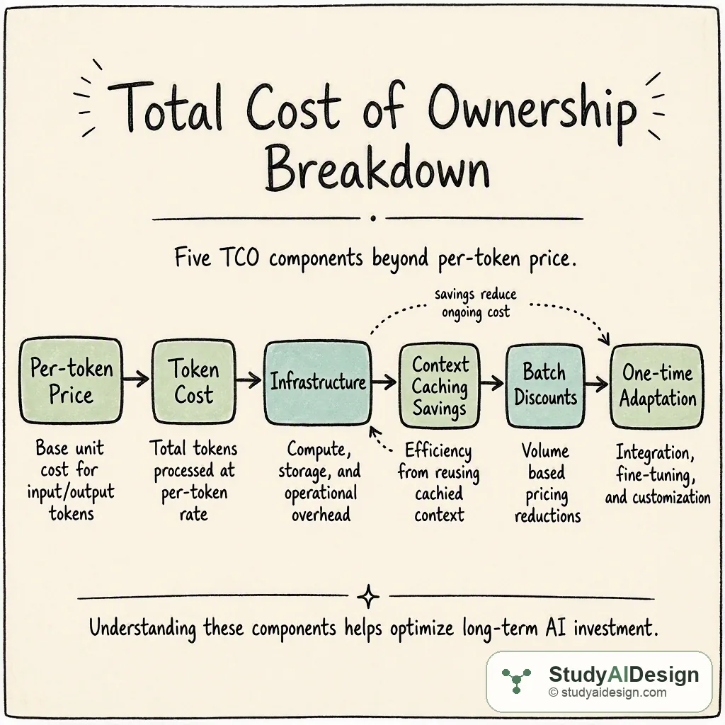 Five TCO components beyond per-token price: token cost, infrastructure, context caching savings, batch discounts, and one-time adaptation.