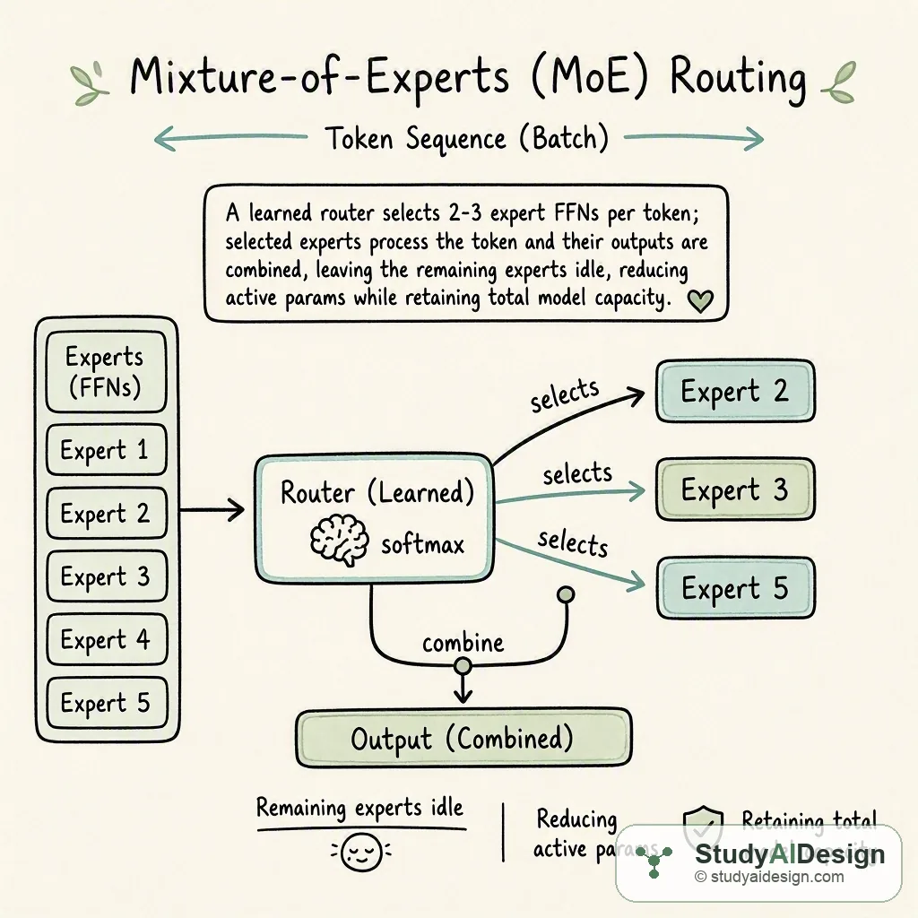 A learned router selects 2–3 expert FFNs per token; selected experts process the token and their outputs are combined, leaving the remaining experts idle, reducing active params while retaining total model capacity.