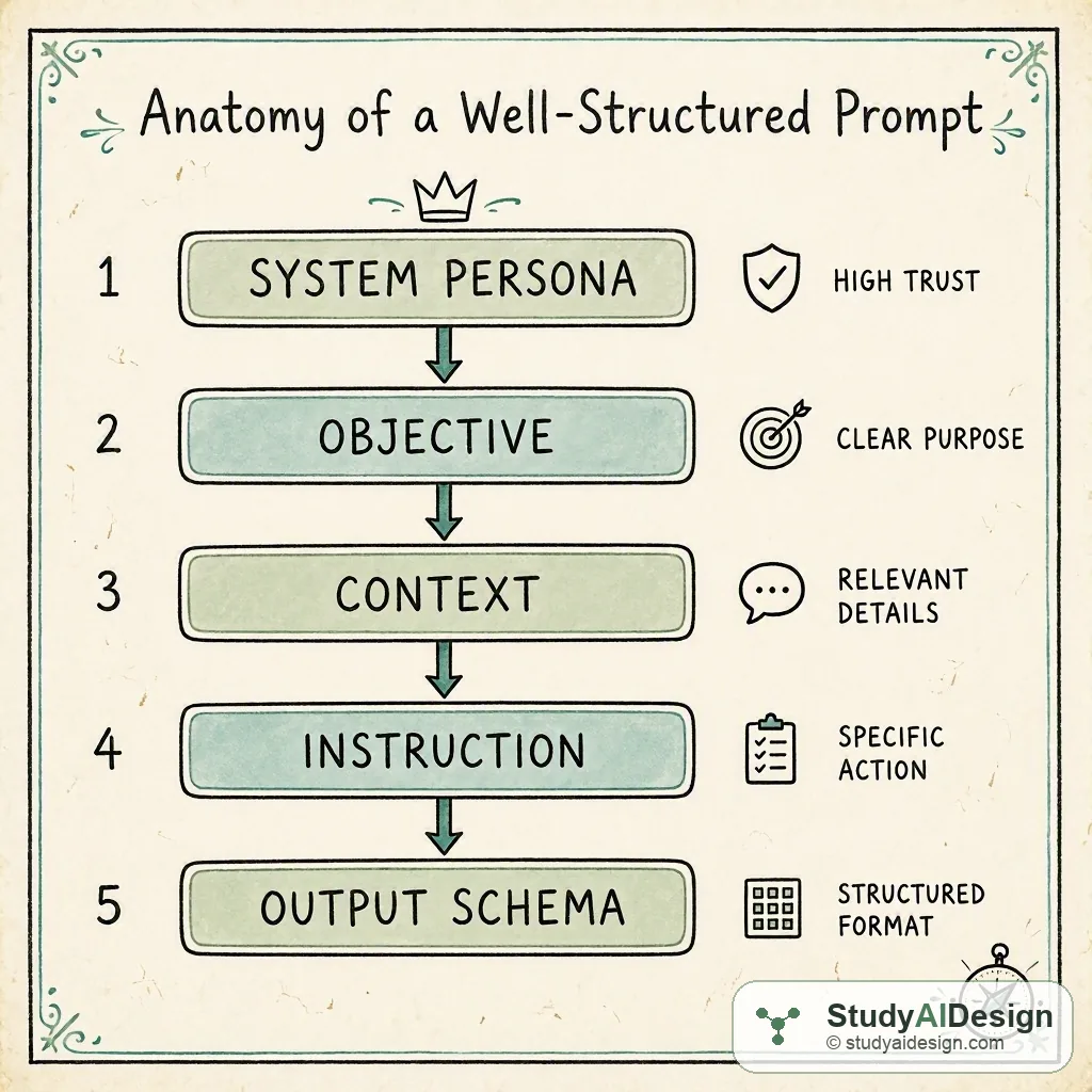 A prompt has five distinct layers from system persona at the top to output schema at the bottom. Each layer carries a different trust level and serves a different purpose in shaping the response.