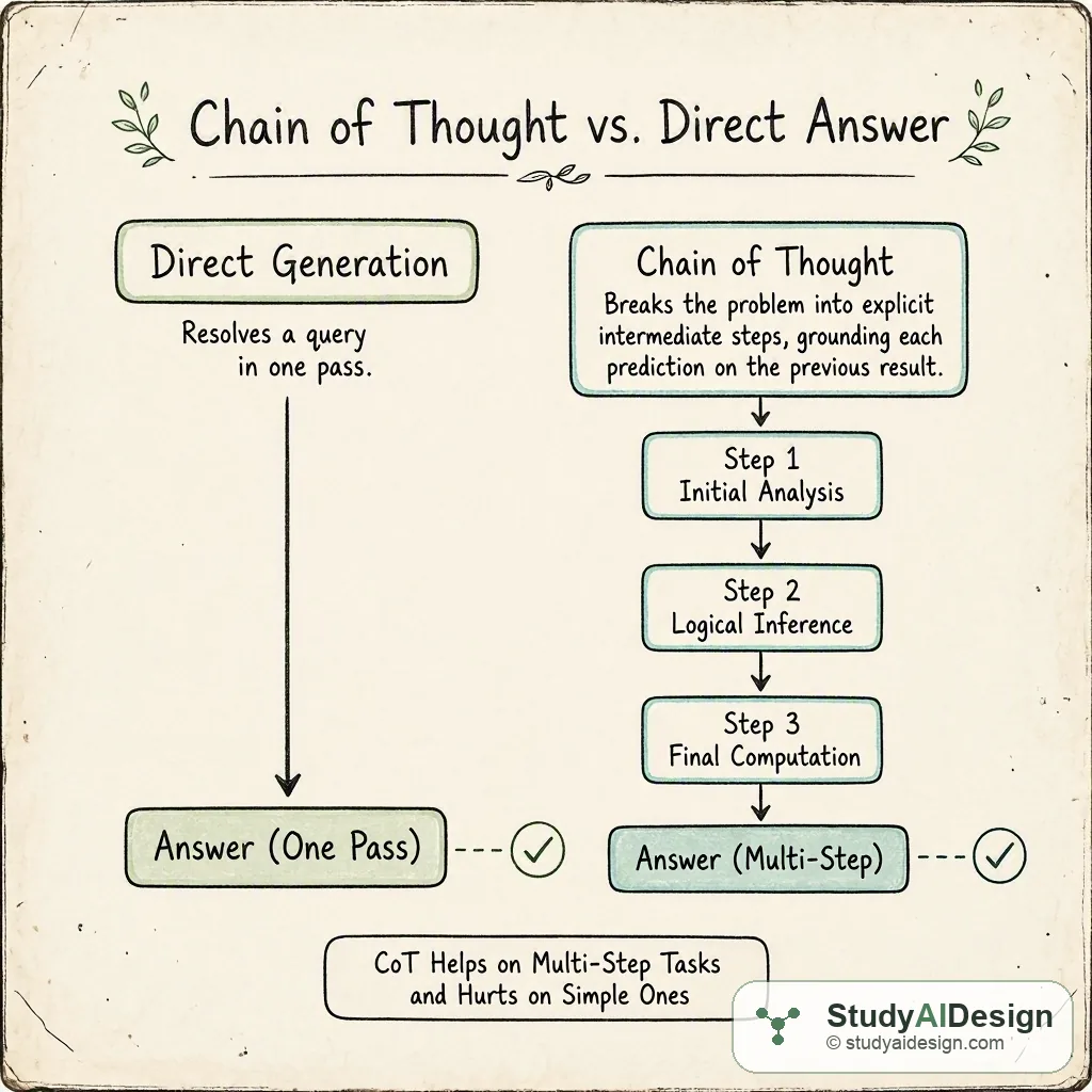 Direct generation resolves a query in one pass. Chain of thought breaks the problem into explicit intermediate steps, grounding each prediction on the previous result. CoT helps on multi-step tasks and hurts on simple ones.