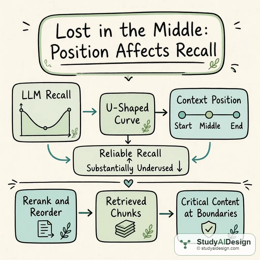 LLM recall follows a U-shaped curve across context position. Content at the start and end of a long context is reliably used; content in the middle is substantially underused. Rerank and reorder retrieved chunks to keep the most critical content at the boundaries.