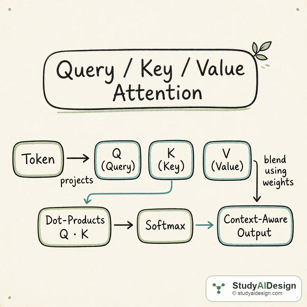 A token projects into Q, K, V; dot-products between Q and all K produce attention scores; softmax normalises them into weights that blend the V vectors into a context-aware output.