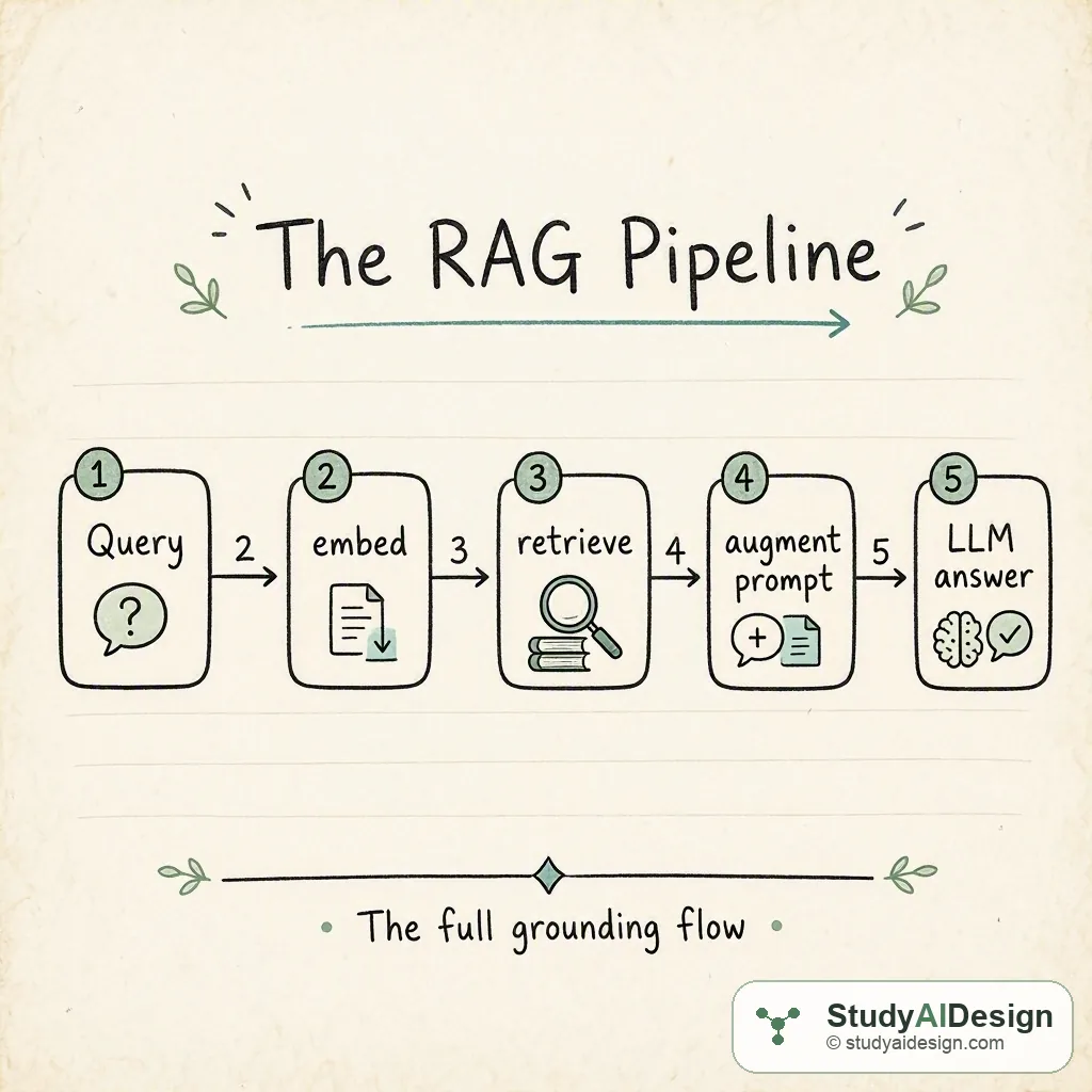 Query → embed → retrieve → augment prompt → LLM answer; numbered steps show the full grounding flow.