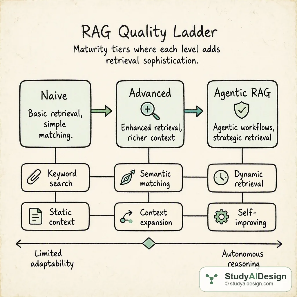 Three maturity tiers: Naive → Advanced → Agentic RAG, each adding retrieval sophistication.