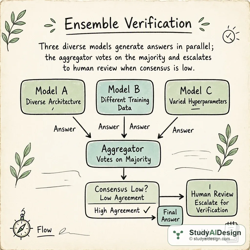 Three diverse models generate answers in parallel; the aggregator votes on the majority and escalates to human review when consensus is low.