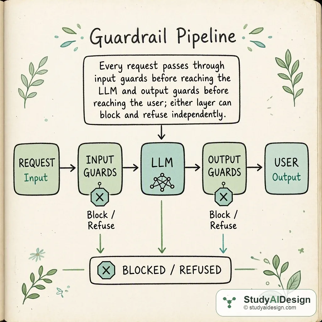 Every request passes through input guards before reaching the LLM and output guards before reaching the user; either layer can block and refuse independently.