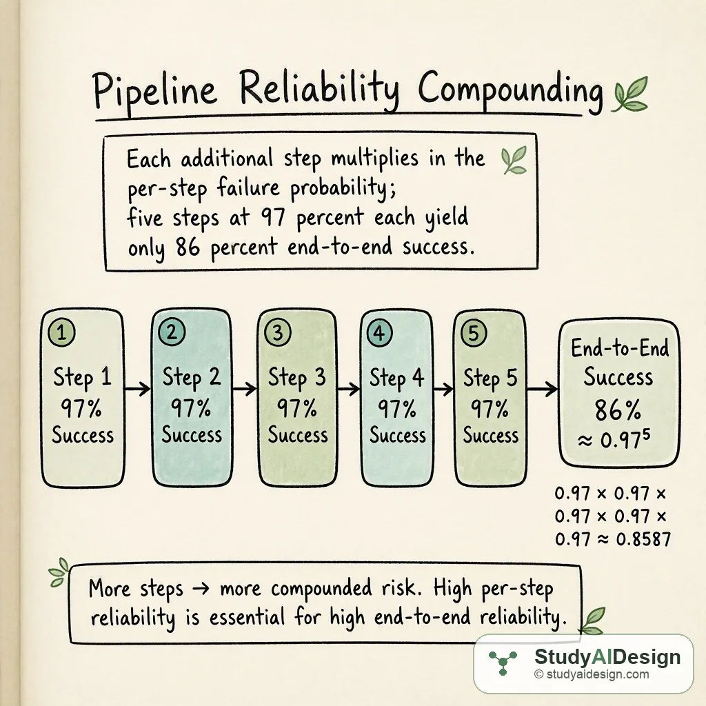 Each additional step multiplies in the per-step failure probability; five steps at 97 percent each yield only 86 percent end-to-end success.