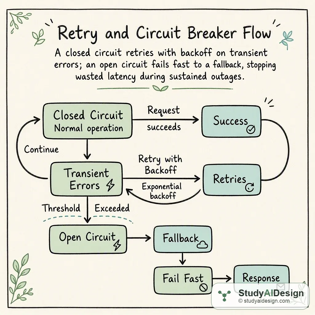 A closed circuit retries with backoff on transient errors; an open circuit fails fast to a fallback, stopping wasted latency during sustained outages.