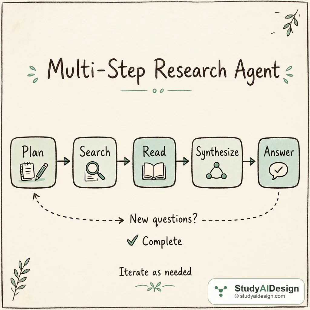 Plan → Search → Read → Synthesize → Answer, with a follow-up search loop when new queries are needed