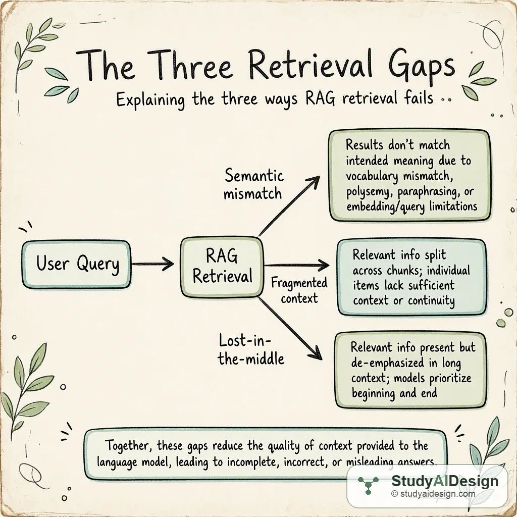 Semantic mismatch, fragmented context, and lost-in-the-middle: the three ways RAG retrieval fails.