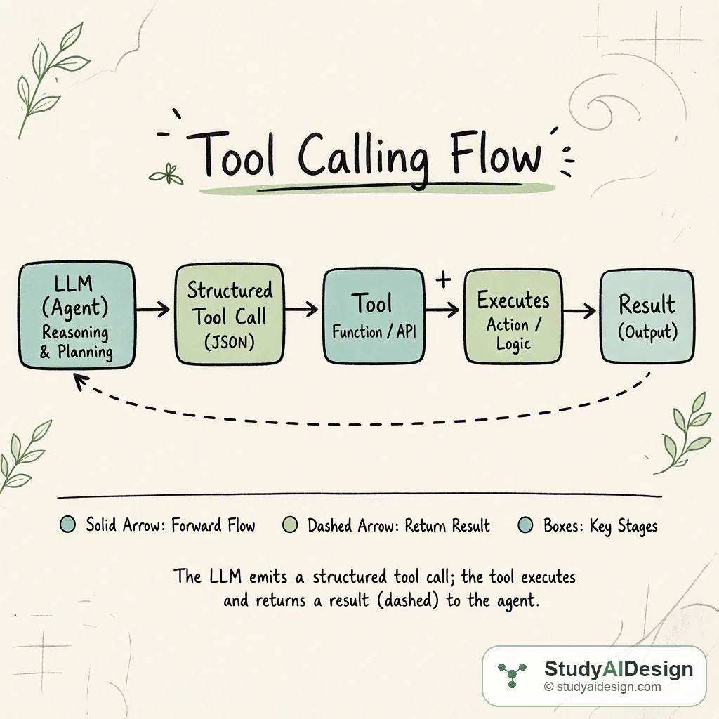 The LLM emits a structured tool call; the tool executes and returns a result (dashed) to the agent