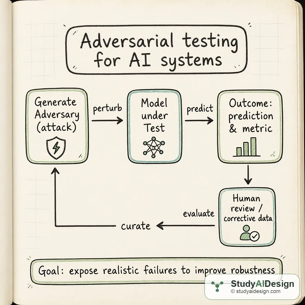 Hand-drawn flow showing attacker, model, perturbed input, prediction, and human label with arrows