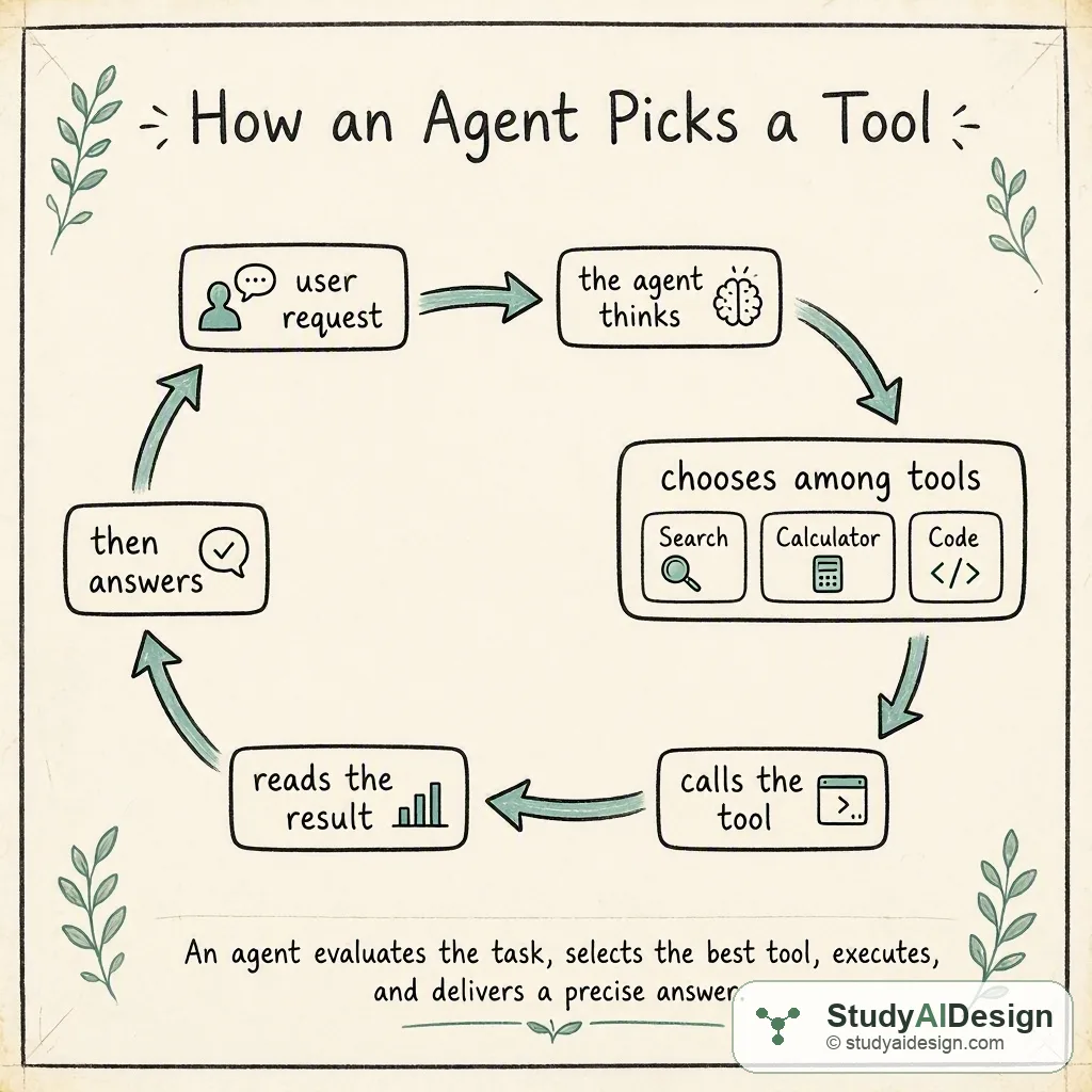 A hand-drawn knowledge card showing an agent reasoning loop that selects among search, calculator, and code tools.