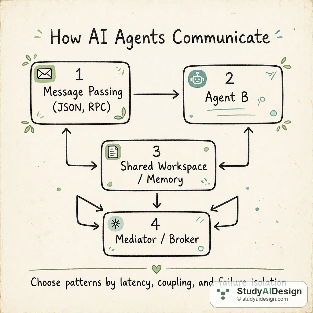 Hand-drawn diagram of three AI agents sending messages, a shared memory box, and a mediator node