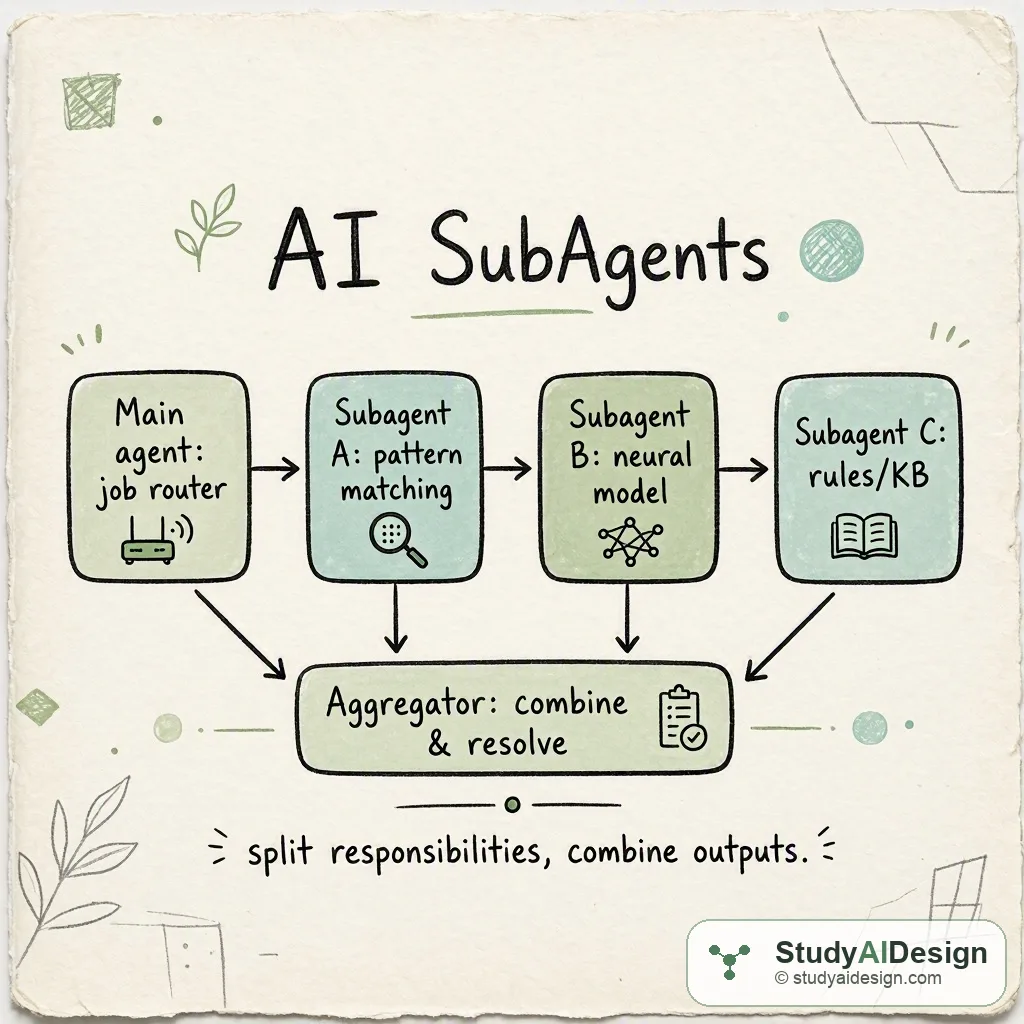 Hand-drawn diagram of a main agent delegating to three subagents with an aggregator at the bottom