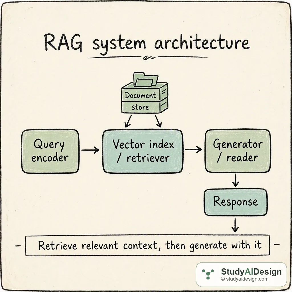 Sketch of a RAG pipeline with retriever, vector store, and generator boxes connected by arrows