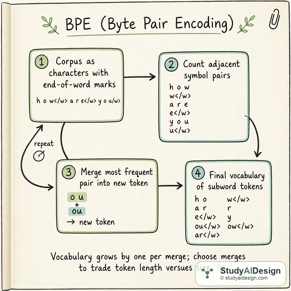 hand-drawn diagram of BPE merge steps and final tokens