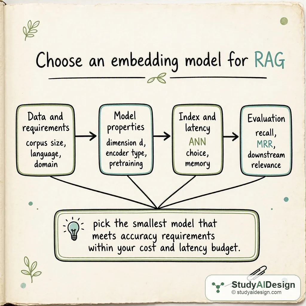 Hand-drawn workflow showing steps to choose an embedding model: data, model properties, index, evaluation, takeaway