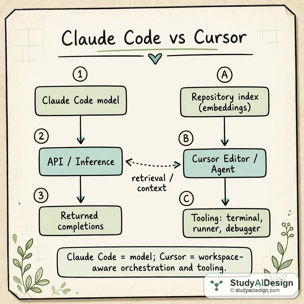 hand-drawn diagram showing Claude Code model, vector store, and Cursor editor with arrows