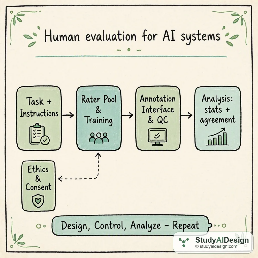 Hand-drawn workflow showing task design, raters, metrics, and analysis