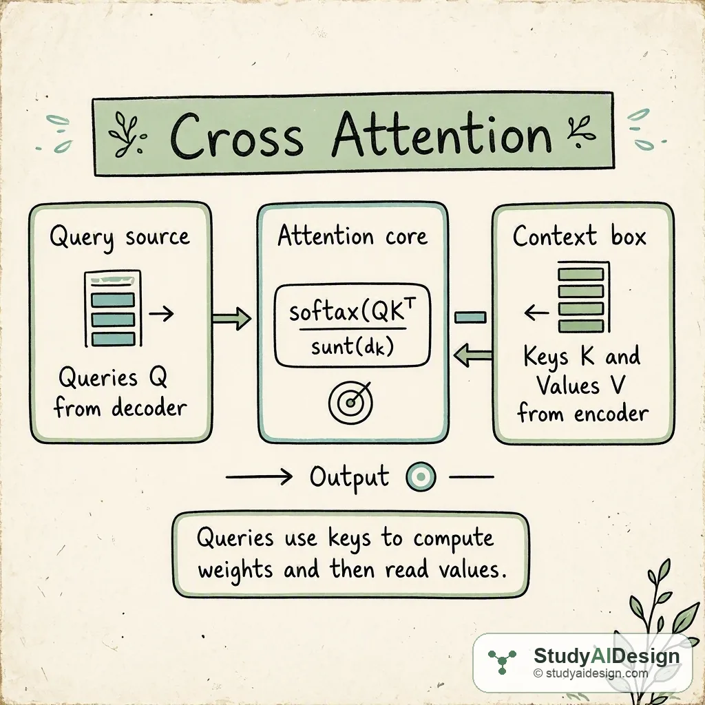 hand-drawn card showing cross attention flow between query and context sequences