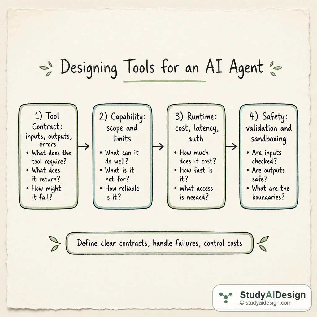 Hand-drawn diagram of an AI agent connected to labeled tool boxes with arrows and a short takeaway