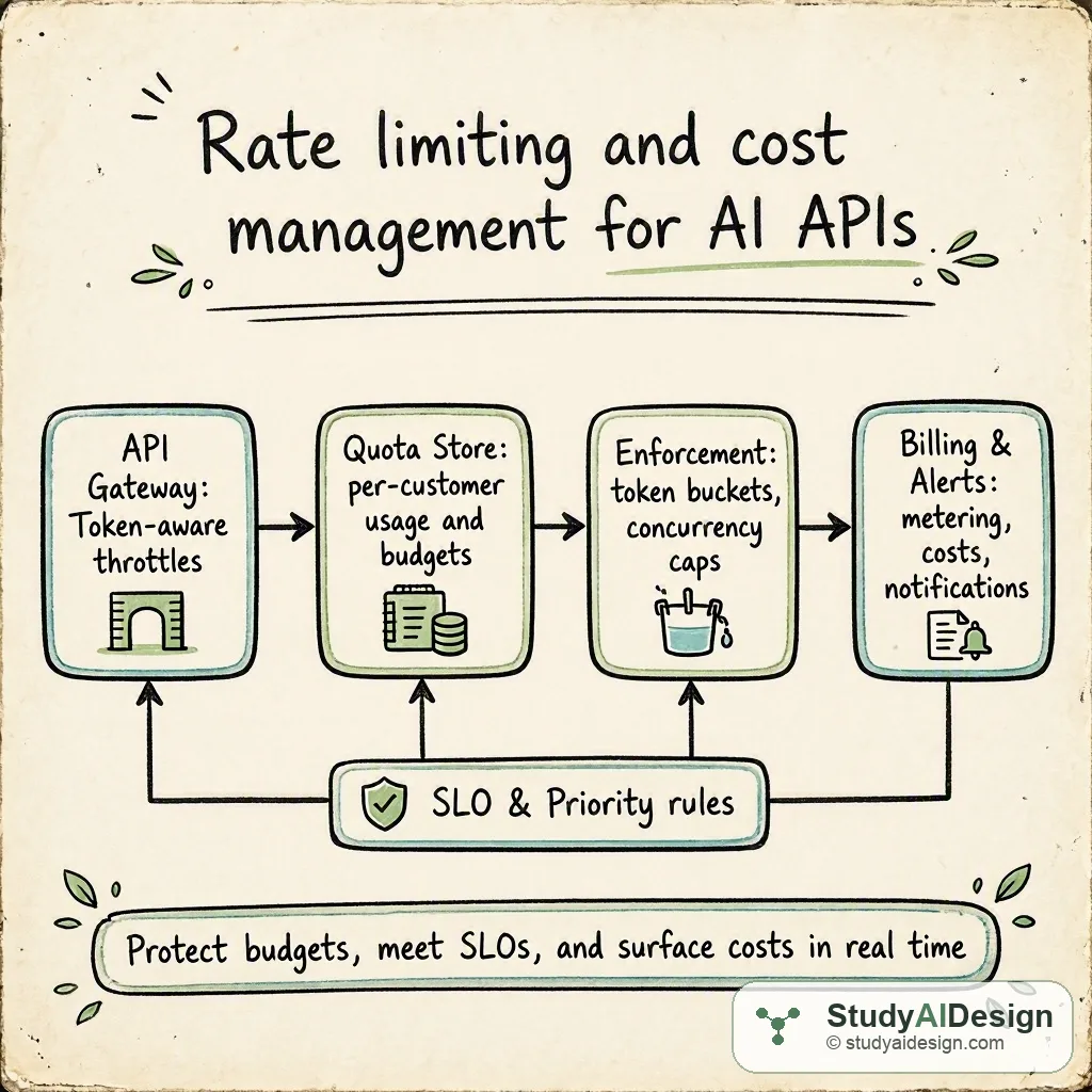 Hand-drawn diagram of API gateway, quota store, billing pipeline, and cost-control flows
