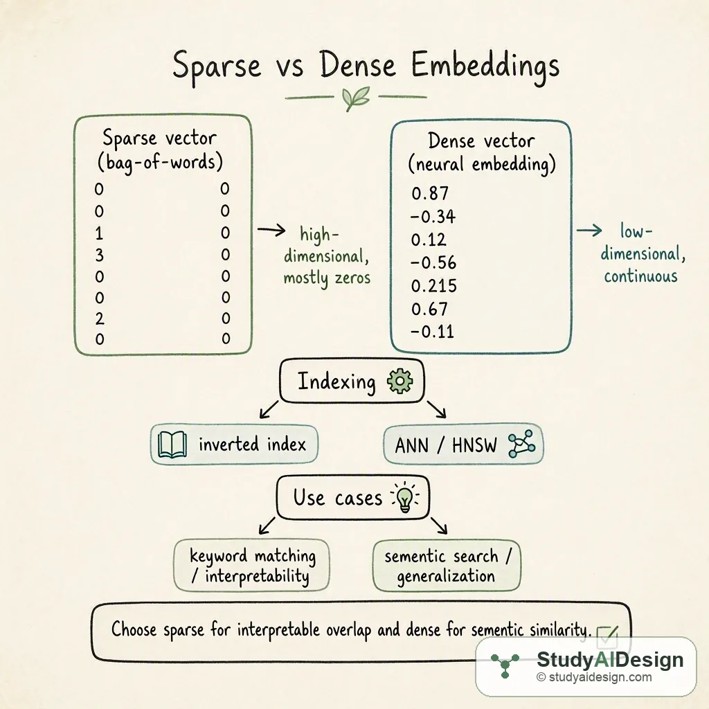 hand-drawn comparison of sparse and dense embeddings with labeled boxes and arrows