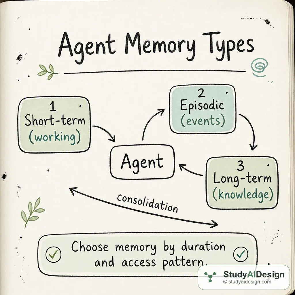 Hand-drawn diagram of an agent with three labeled memory boxes: short-term, episodic, long-term, arrows showing flows and retrieval